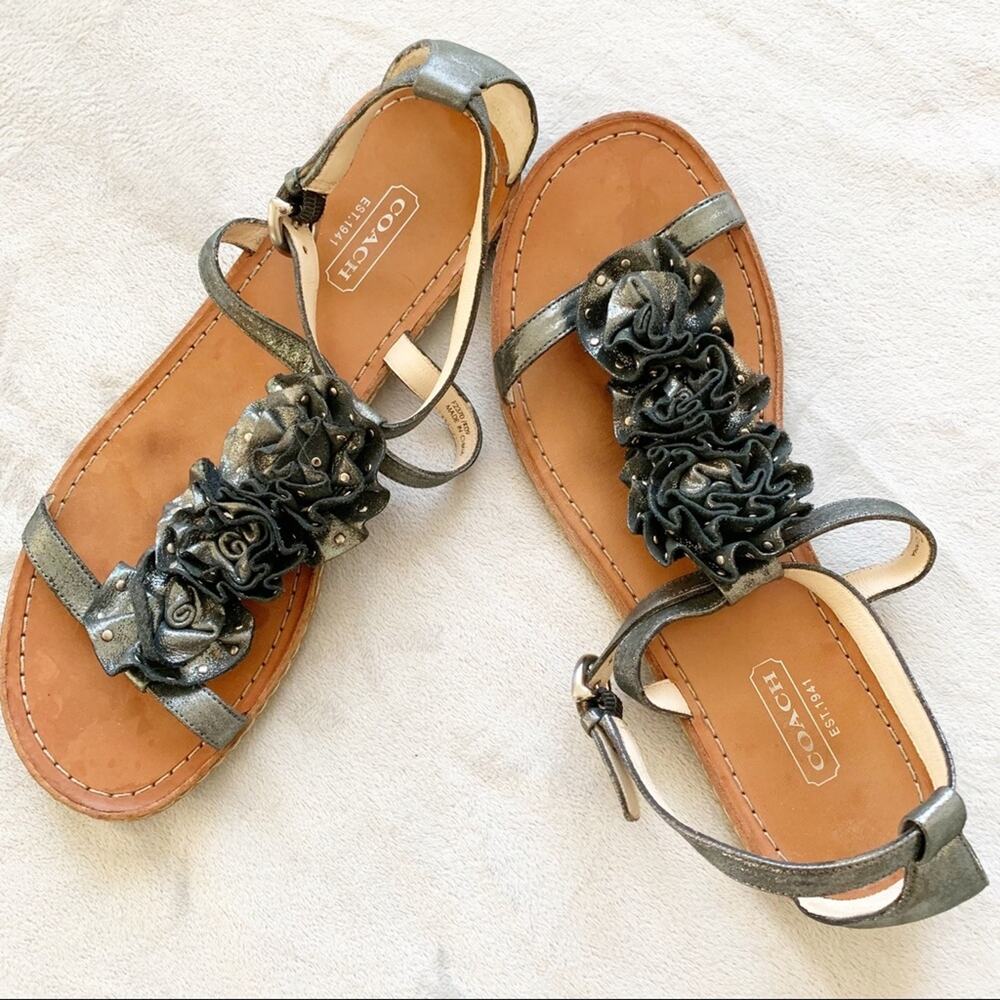 Coach Silver Studded Leather Rosette Sandals 7
